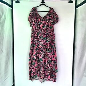 Black & Pink Floral Puff Sleeve Tiered Skirt Maxi Dress - Plus 2X - Cottagecore